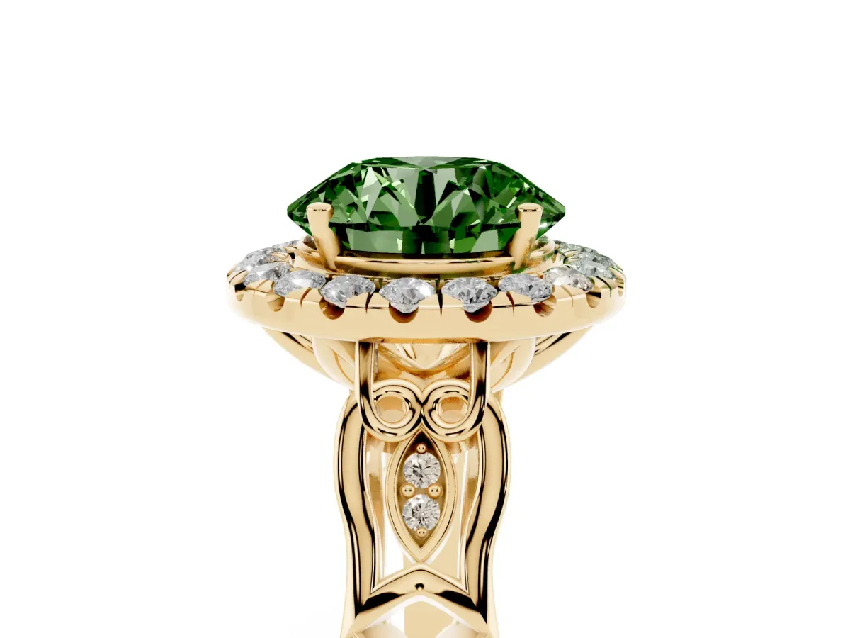 Fancy Green Round Cut Halo Diamond Engagement Ring with Filigree Band and Four-Prong Setting Yellow gold