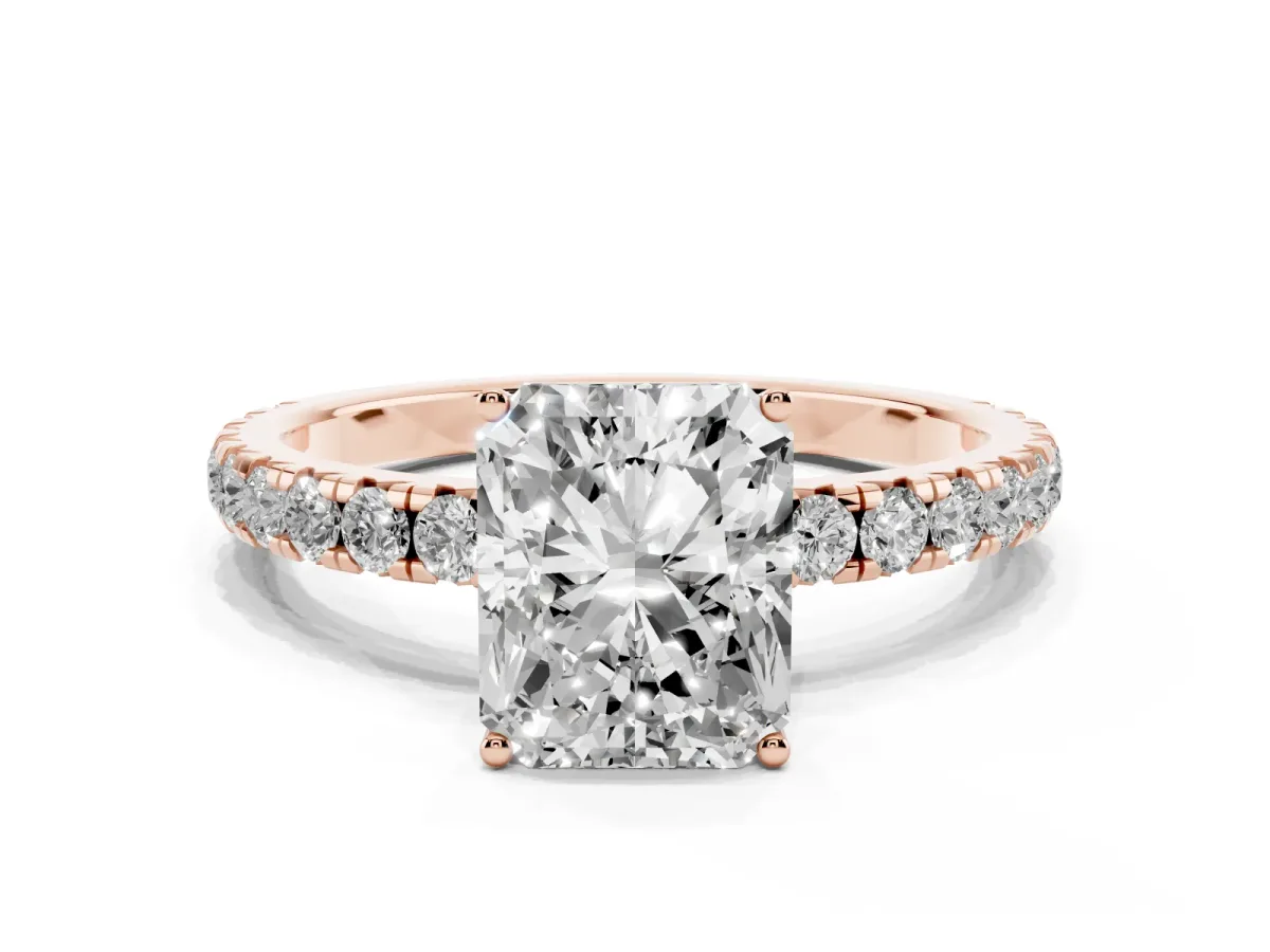 Radiant Cut Diamond Pavé Solitaire Engagement Ring with Four-Prong Setting Rose gold