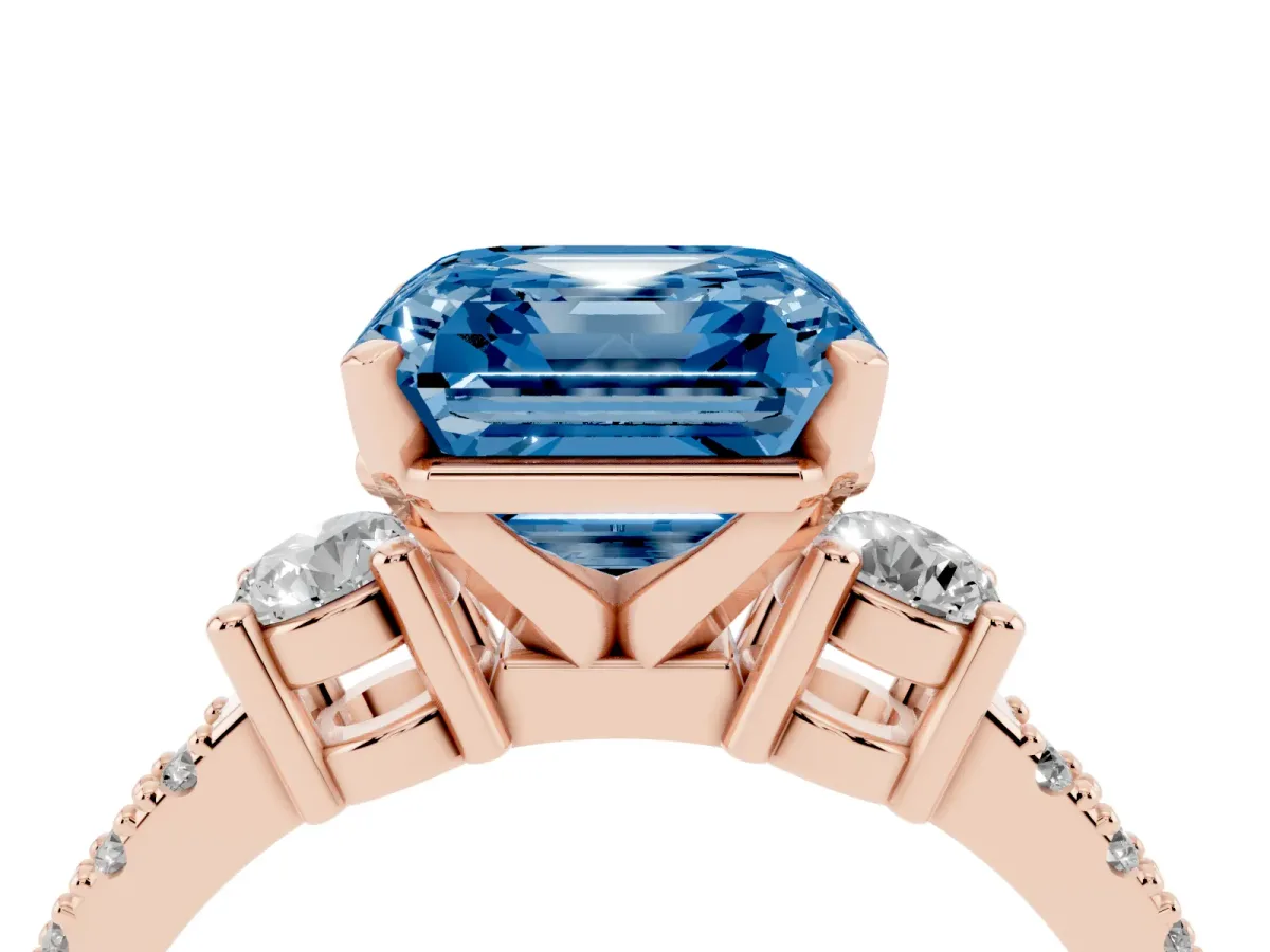 Fancy Blue Asscher Cut Three-Stone Diamond Pavé Band with Prong Setting Rose gold