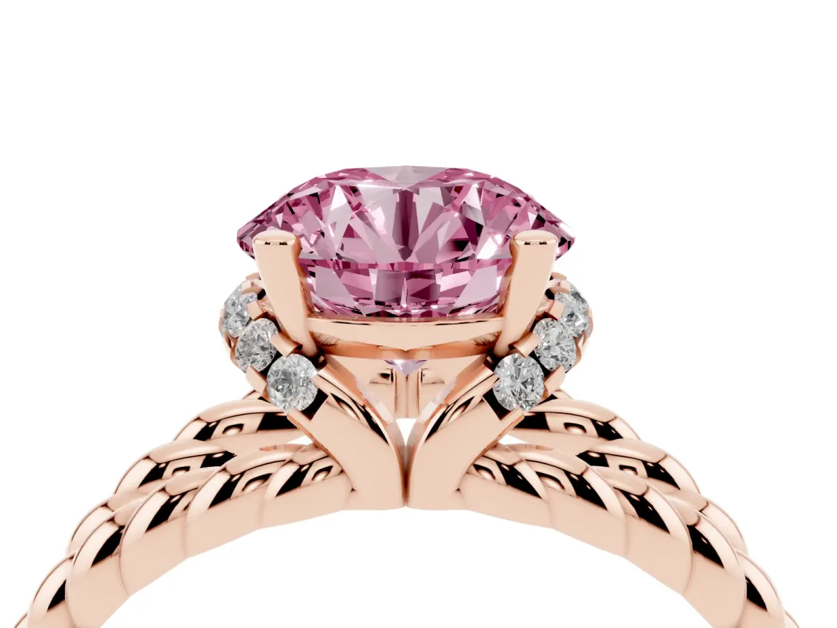 Fancy Pink Round Cut Halo Twisted Band Four-Prong Ring Rose gold