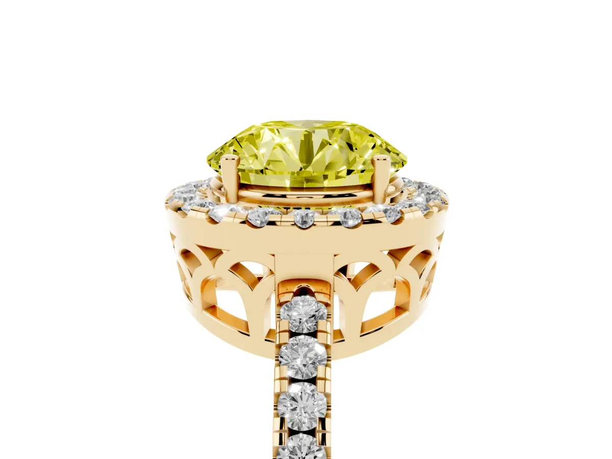 Fancy Yellow Round Cut Halo Diamond Engagement Ring with Pavé Band and Four-Prong Setting Yellow gold