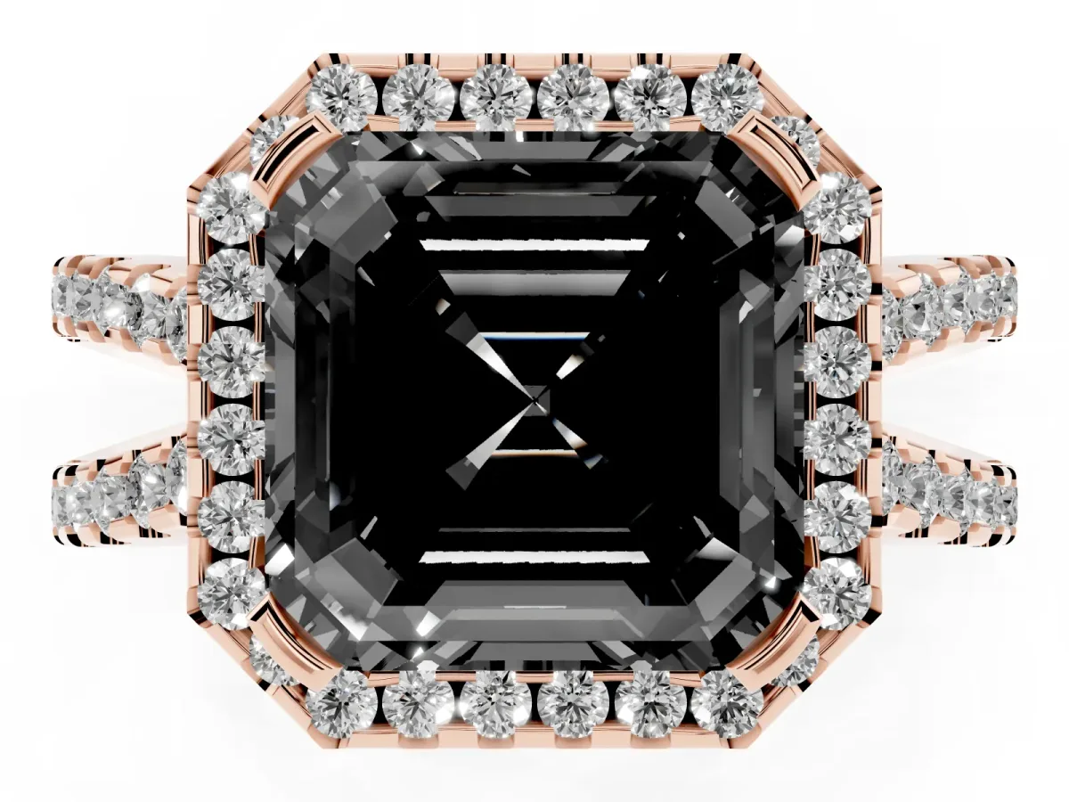 Fancy Black Asscher Cut Diamond Halo Ring with Split Shank Pavé Band and Prong Setting Rose gold