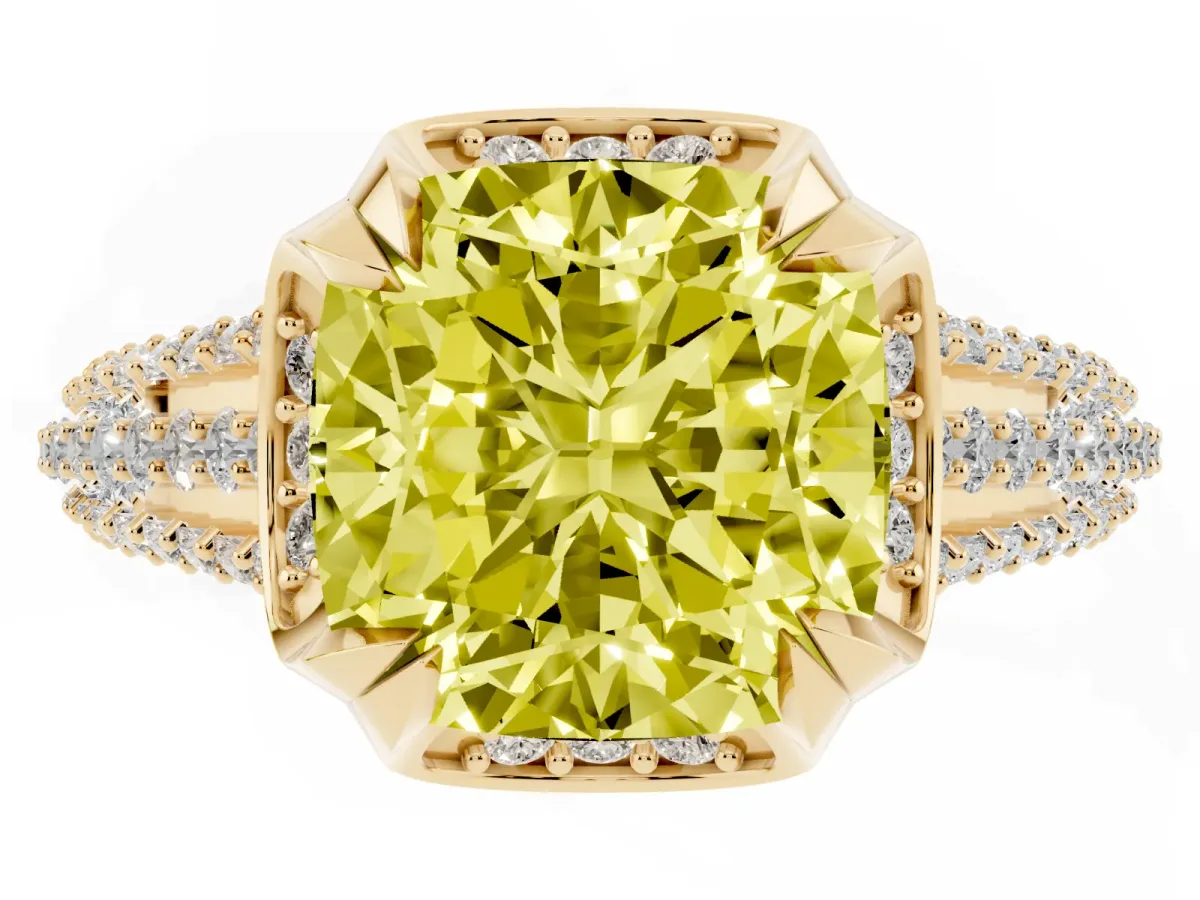 Fancy Yellow Cushion Cut Solitaire Pave Split Shank Ring with Four-Prong Setting Yellow gold