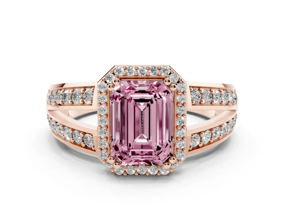 Fancy Pink Emerald Cut Diamond Halo Ring with Split Shank Pavé Band and Four-Prong Setting Rose gold