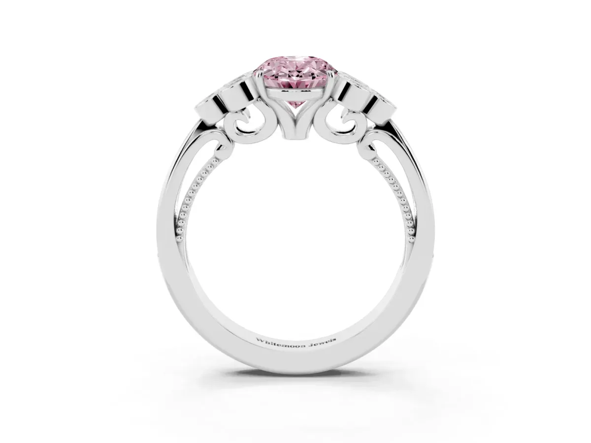 Fancy Pink Oval Cut Cut Diamond Engagement Ring with Bezel Set Round Side Stones and Prong Setting White gold