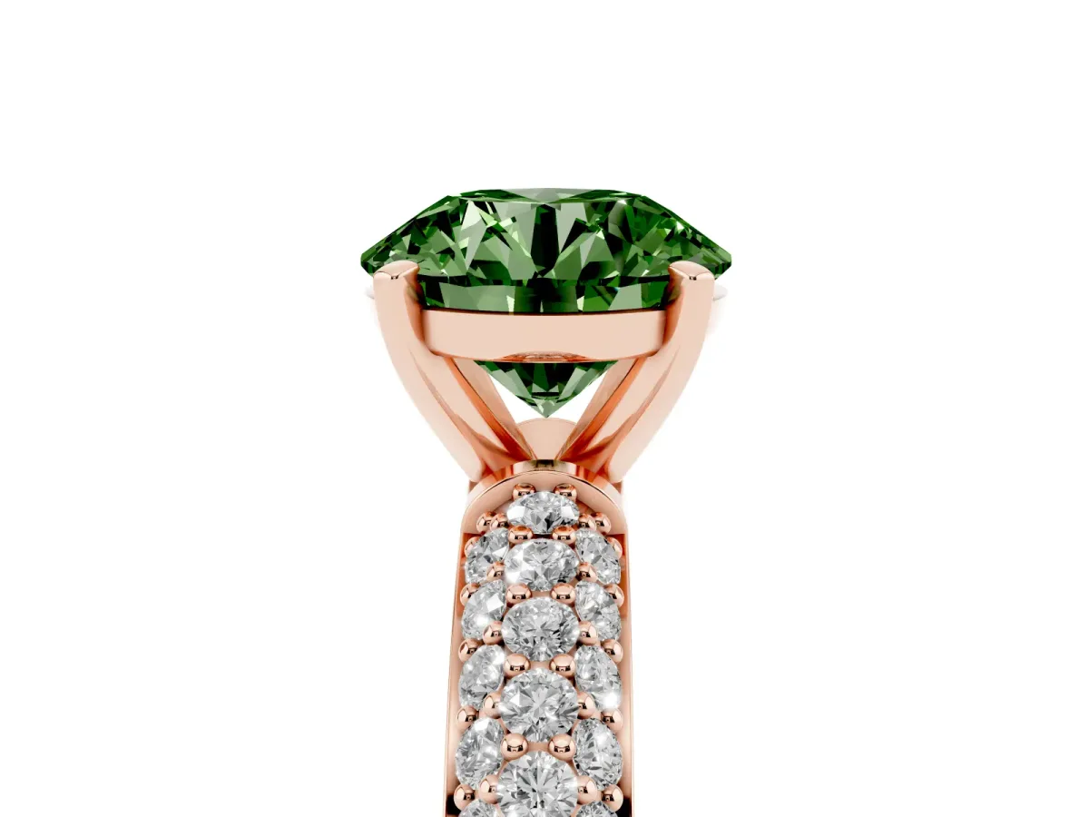 Fancy Green Round Cut Diamond Solitaire Ring with Prong Setting and Pavé Band Rose gold