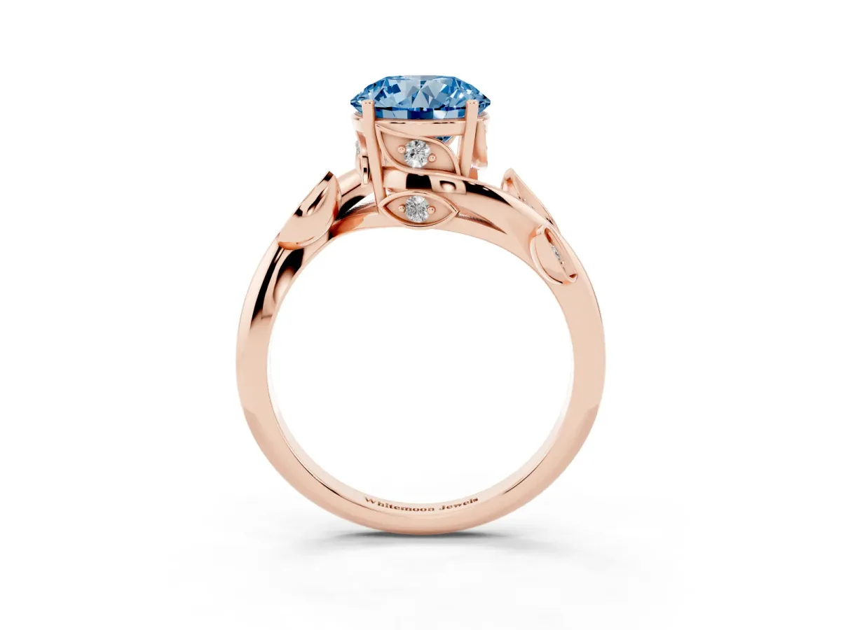 Fancy Blue Round Cut Solitaire Twist Engagement Ring with Leaf Accents and Prong Setting Rose gold