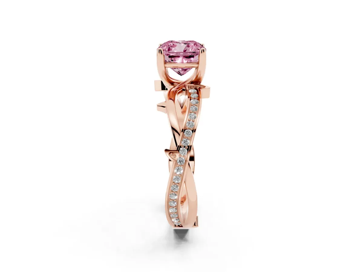 Fancy Pink Cushion Cut Solitaire Twist Band with Pavé Accents and Four-Prong Setting Rose gold