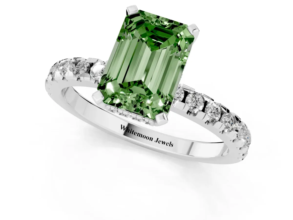Fancy Green Emerald Cut Diamond Solitaire Ring with Round Pavé Band and Four-Prong Setting Silver