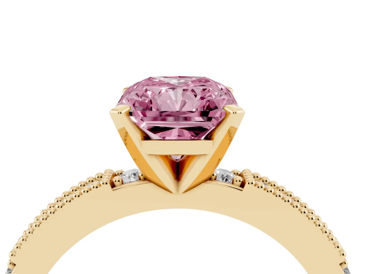 Fancy Pink Radiant Cut Solitaire with Pavé Band and Four-Prong Setting Yellow gold