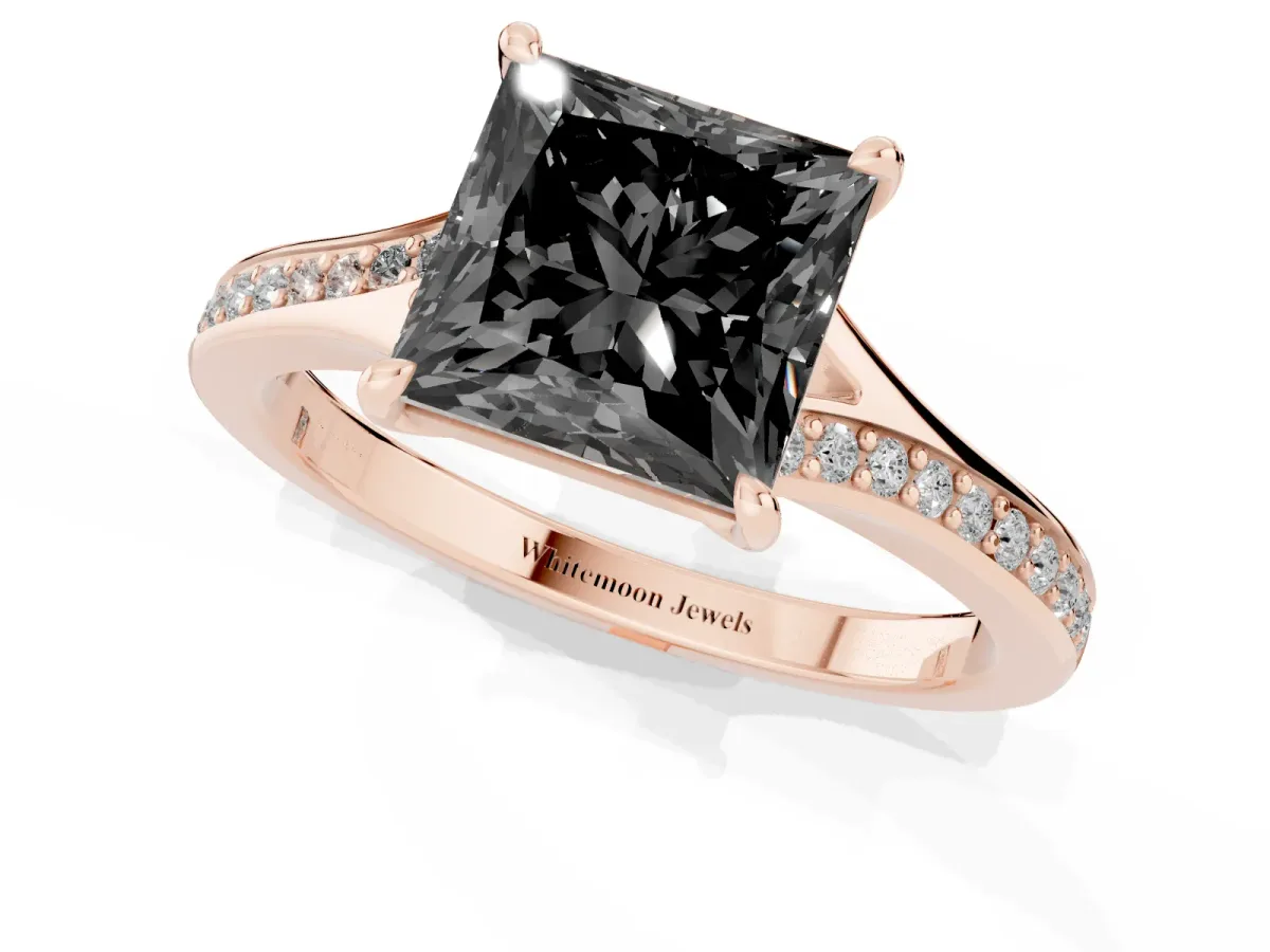 Fancy Black Princess Cut Diamond Solitaire Ring with Pavé Band and Prong Setting Rose gold