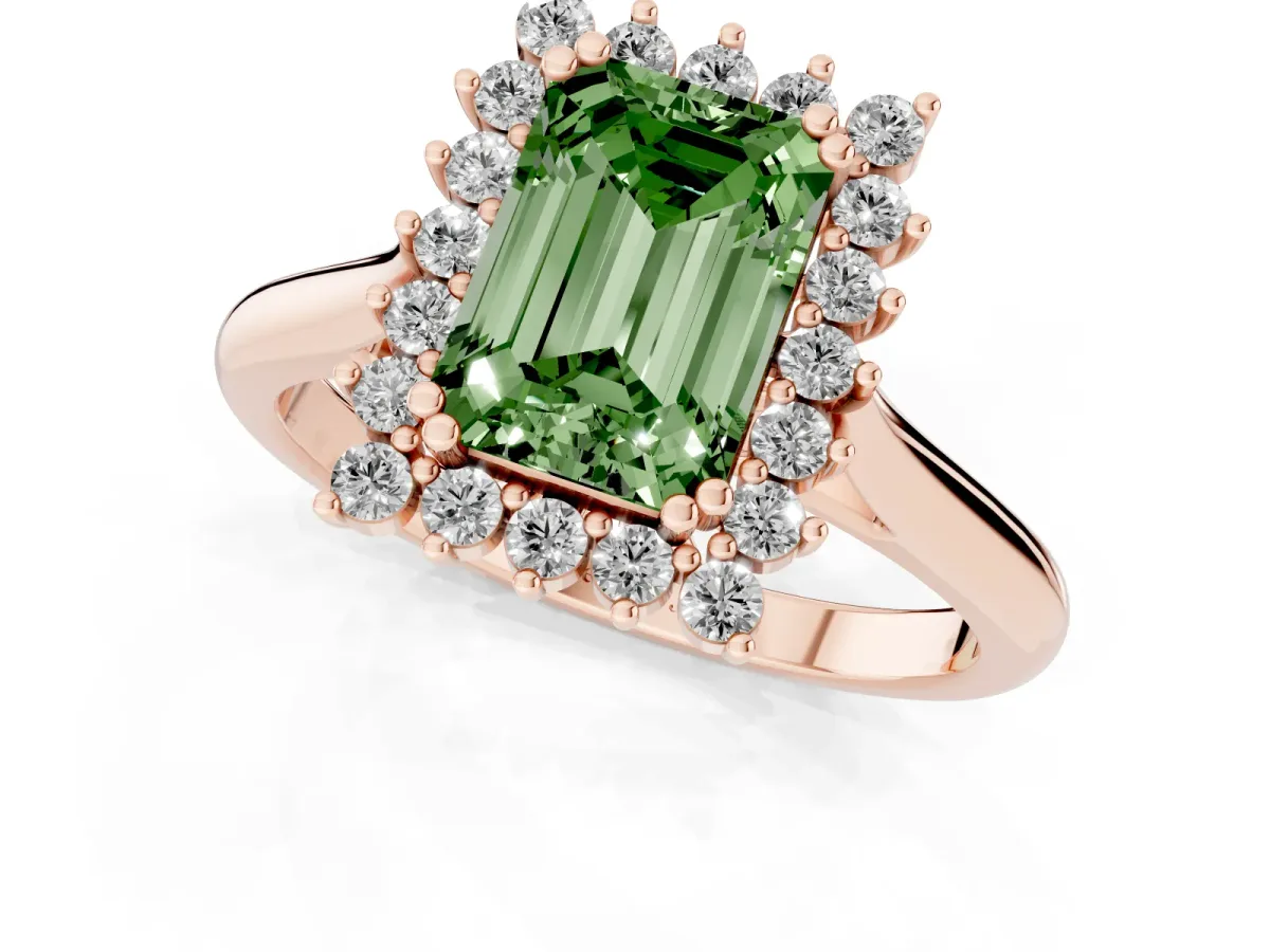 Fancy Green Emerald Cut Cut Diamond Halo Ring with Solitaire Band and Prong Setting Rose gold