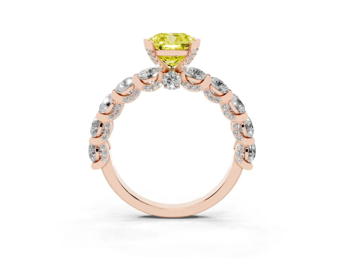 Fancy Yellow Cushion Cut Diamond Side Stone Engagement Ring with Four-Prong Setting Rose gold