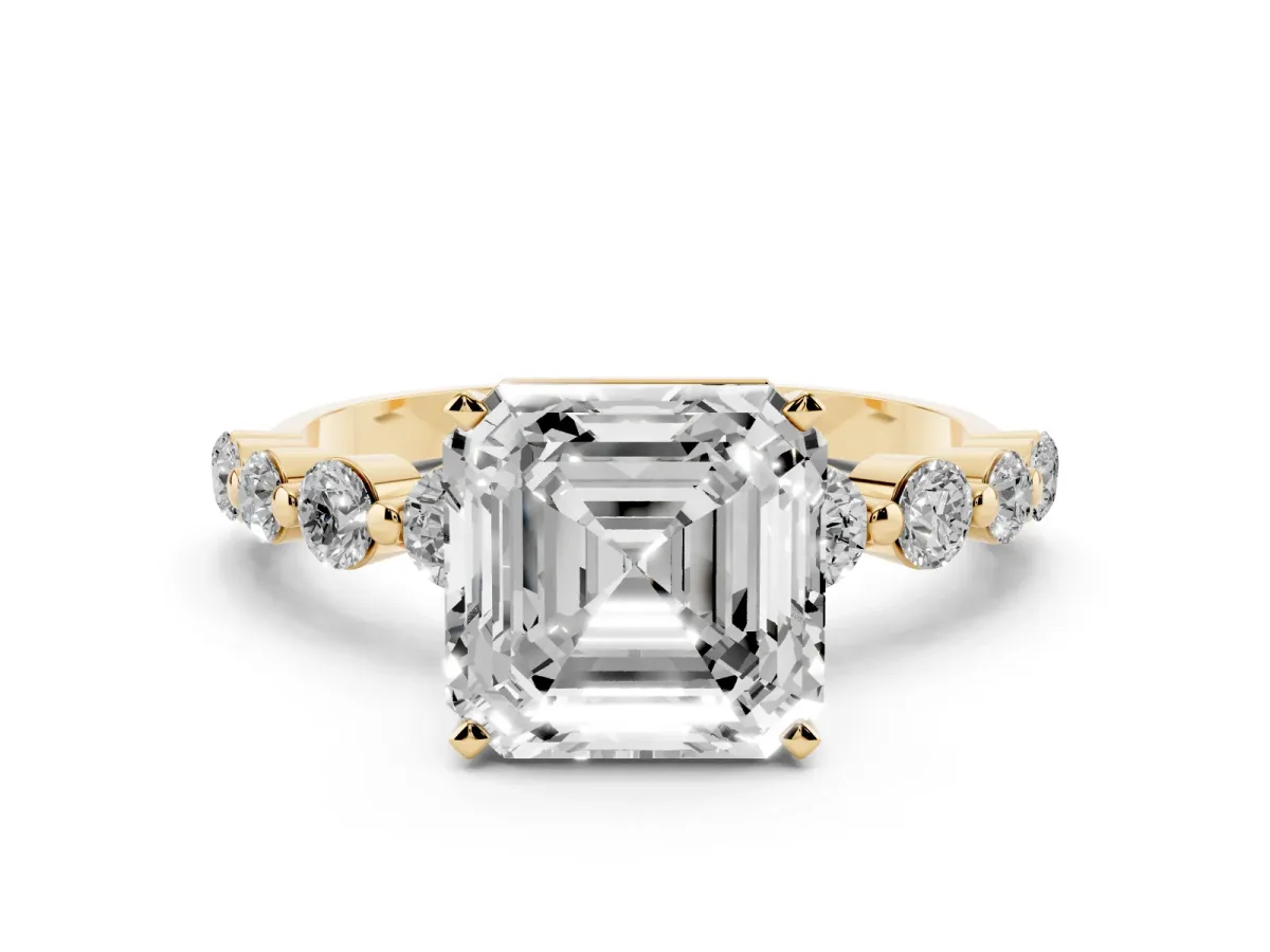 Asscher Cut Solitaire Diamond Ring with Pave Band and Four-Prong Setting Yellow gold