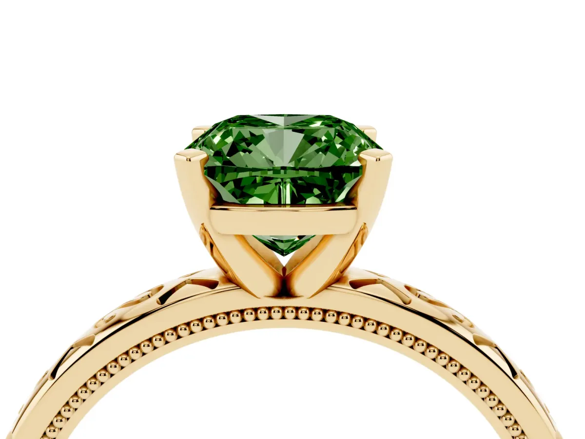 Fancy Green Cushion Cut Solitaire Engagement Ring with Scrollwork Band and Four-Prong Setting Yellow gold