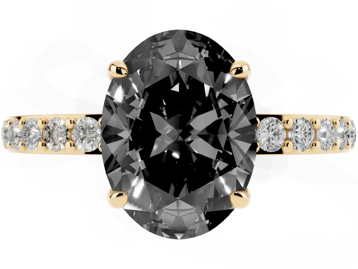 Fancy Black Oval Cut Diamond Pavé Engagement Ring with Round Accents and Prong Setting Yellow gold