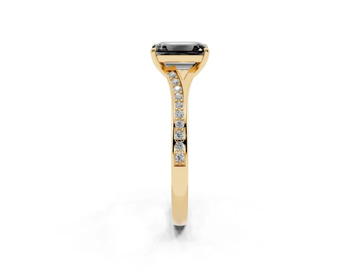 Fancy Black Emerald Cut Diamond Solitaire Ring with Pavé Band and Prong Setting Yellow gold