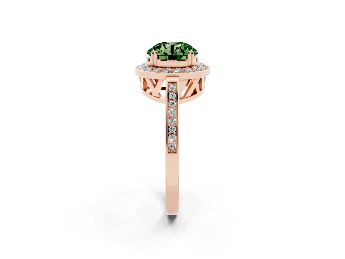 Fancy Green Round Cut Diamond Halo Ring with Split Shank and Four-Prong Setting Rose gold