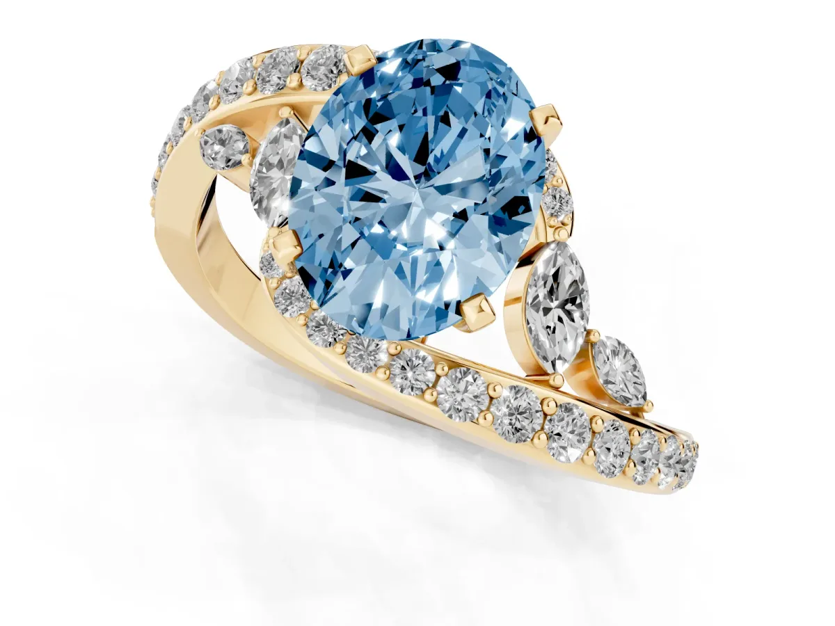 Fancy Blue Oval Cut Solitaire with Pavé Twist Band and Four-Prong Setting Yellow gold