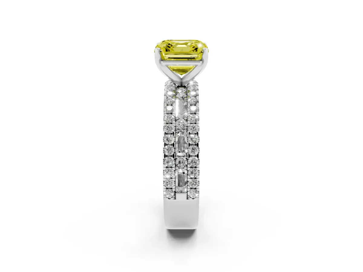 Fancy Yellow Asscher Cut Diamond Solitaire Ring with Pavé and Channel Set Band Silver