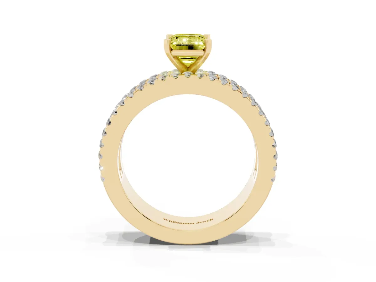 Fancy Yellow Emerald Cut Diamond Solitaire Ring with Pavé and Channel Set Band Yellow gold