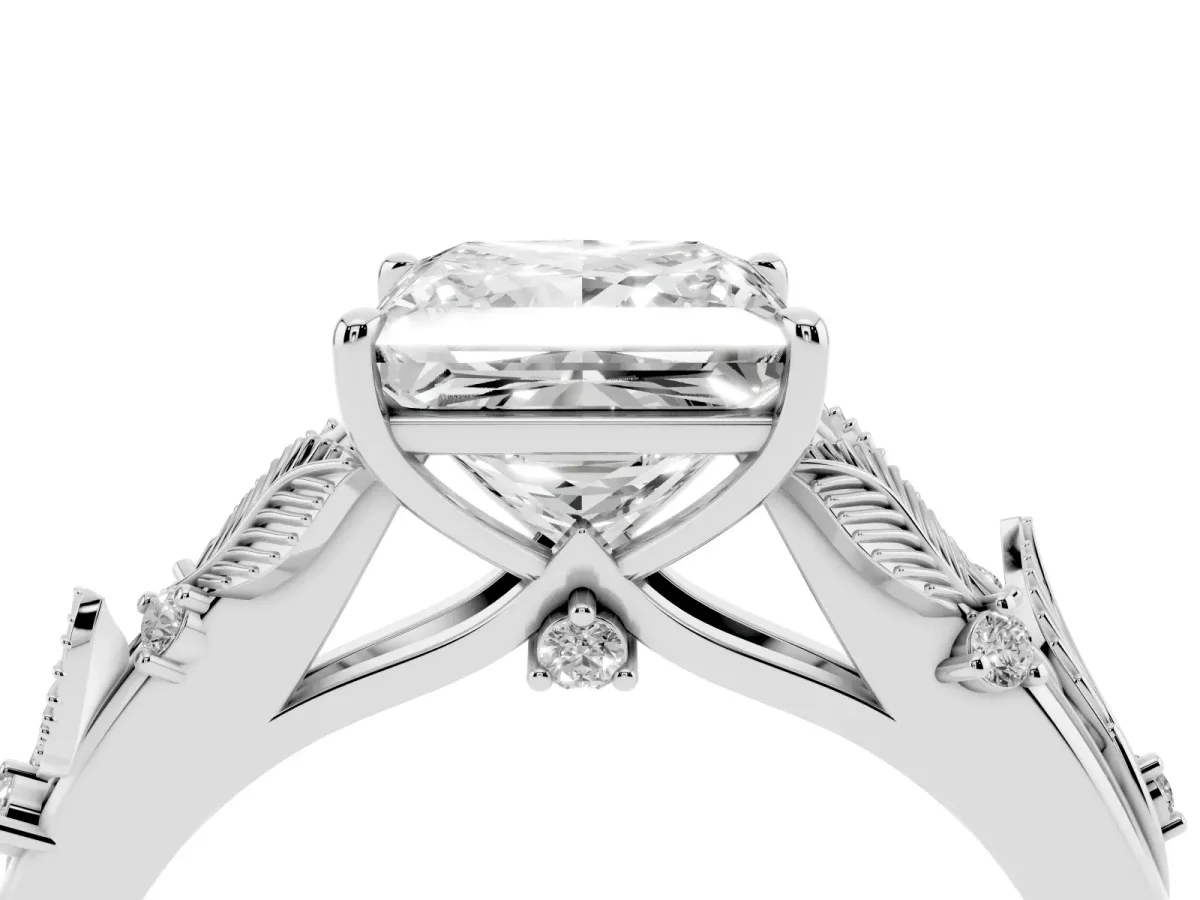 Princess Cut Diamond Solitaire Ring with Leaf Motif Band and Four-Prong Setting Silver