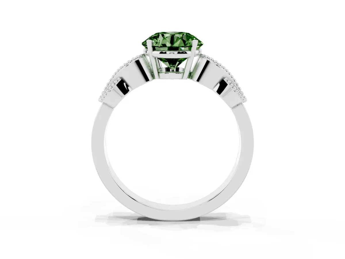 Fancy Green Round Cut Solitaire Milgrain Leaf Band with Prong Setting Silver