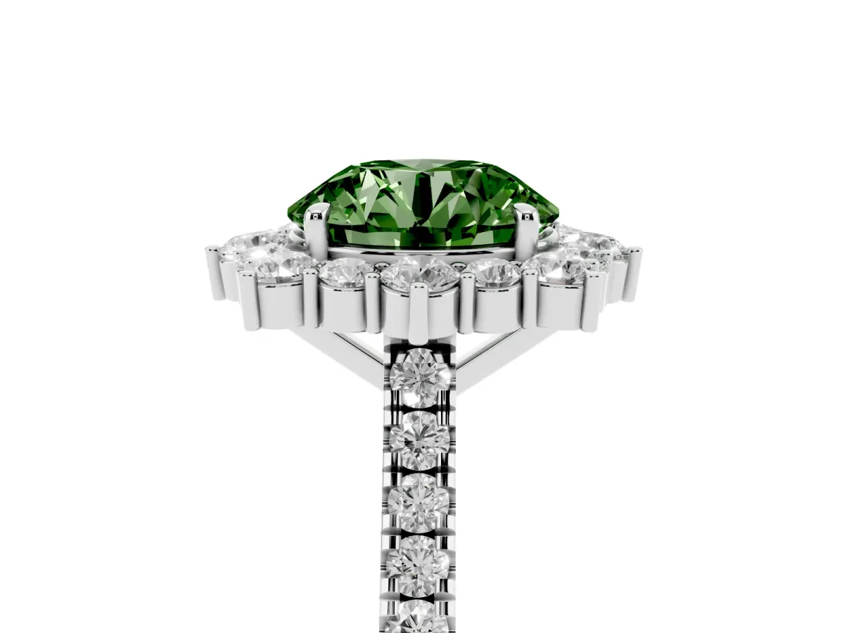 Fancy Green Round Cut Halo Diamond Ring with Pavé Band and Prong Setting Silver