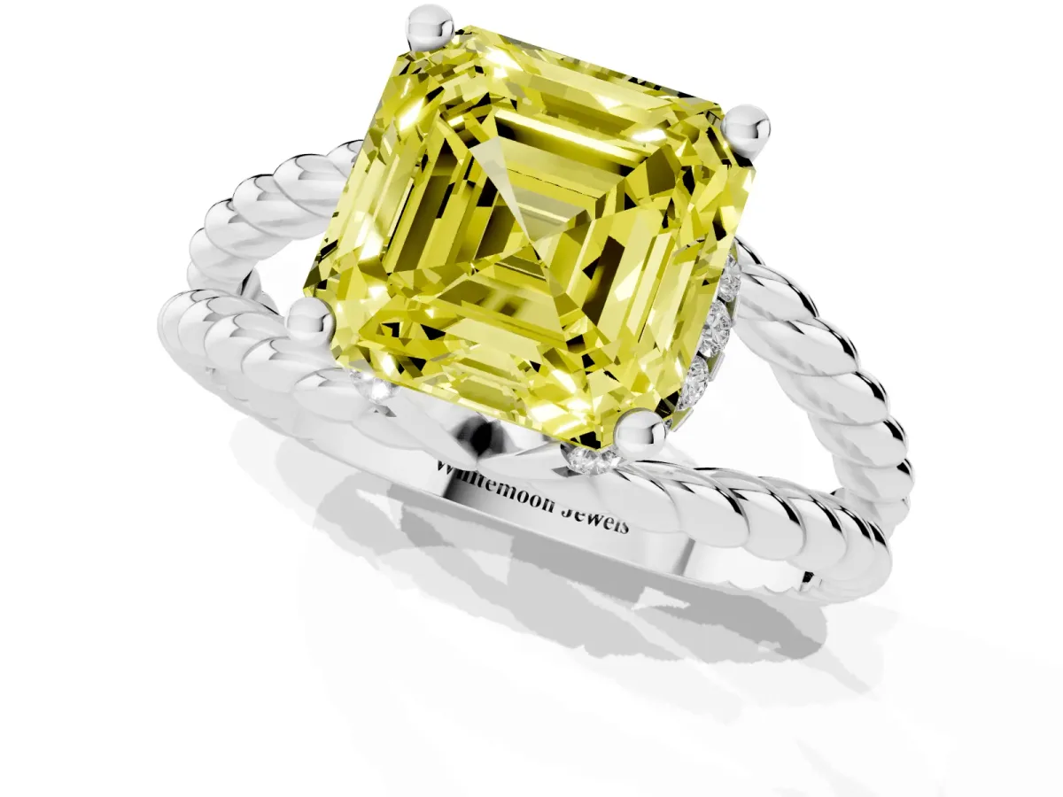 Fancy Yellow Asscher Cut Halo Twisted Band Four-Prong Ring Silver