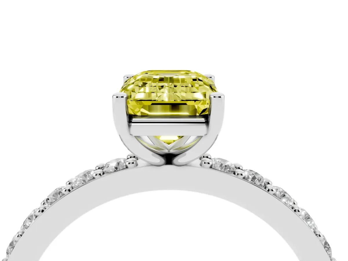 Fancy Yellow Emerald Cut Cut Diamond Solitaire with Pave Band and Four-Prong Setting Silver