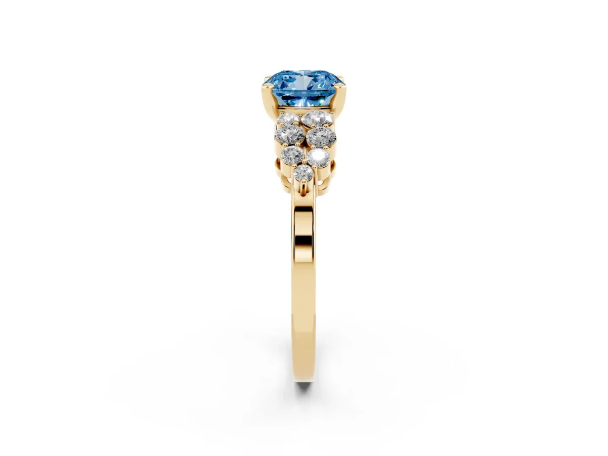 Fancy Blue Cushion Cut Cluster Diamond Engagement Ring with Pavé Band and Four-Prong Setting Yellow gold