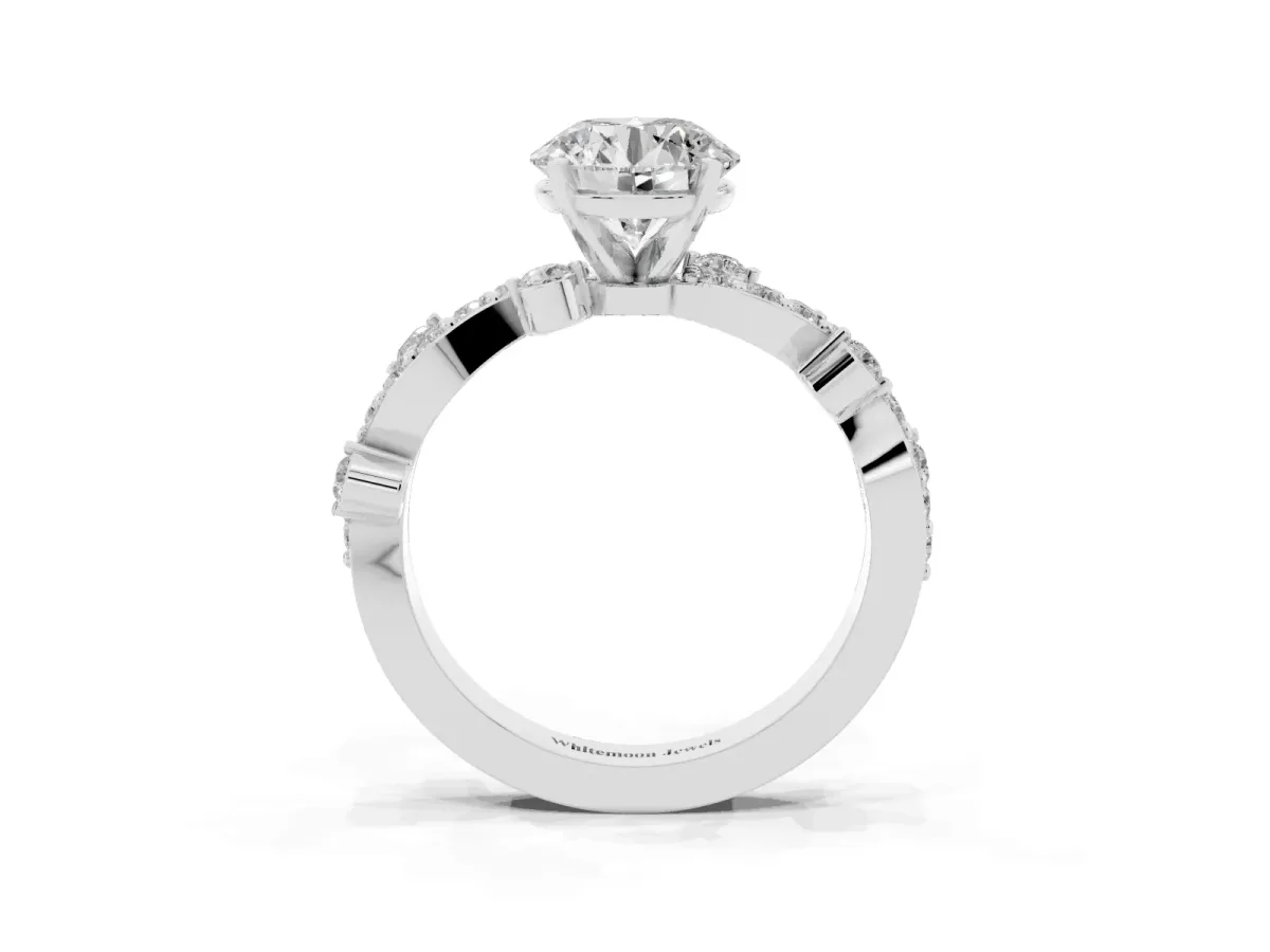 Round Cut Cut Solitaire Diamond Twisted Band with Pave Setting Silver