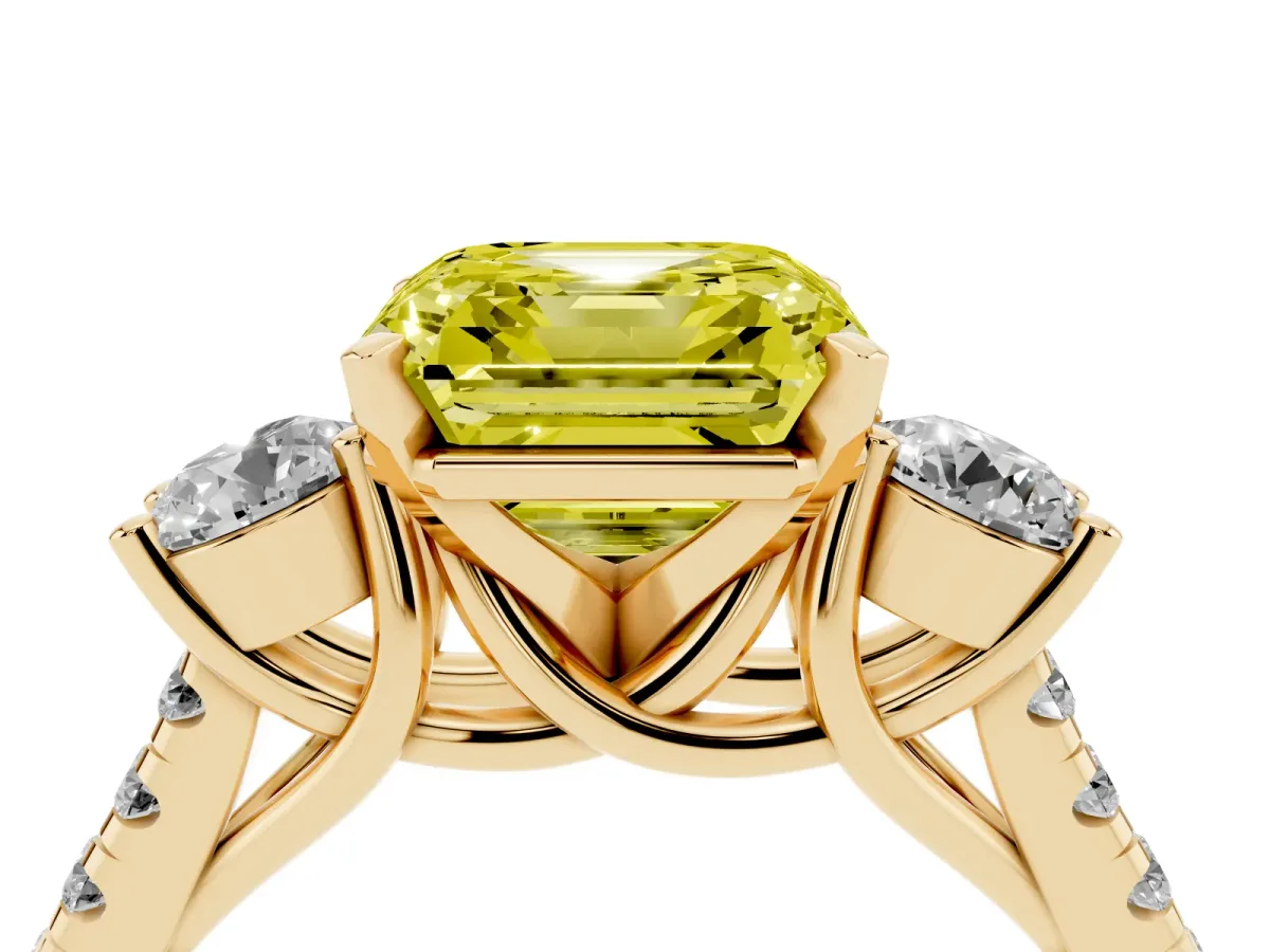Fancy Yellow Three-Stone Asscher Cut Diamond Pavé Band with Four-Prong Setting Yellow gold