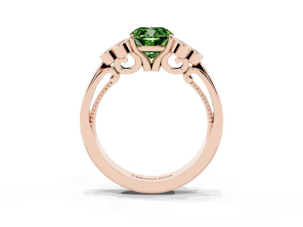 Fancy Green Cushion Cut Cut Diamond Engagement Ring with Bezel Set Round Side Stones and Prong Setting Rose gold