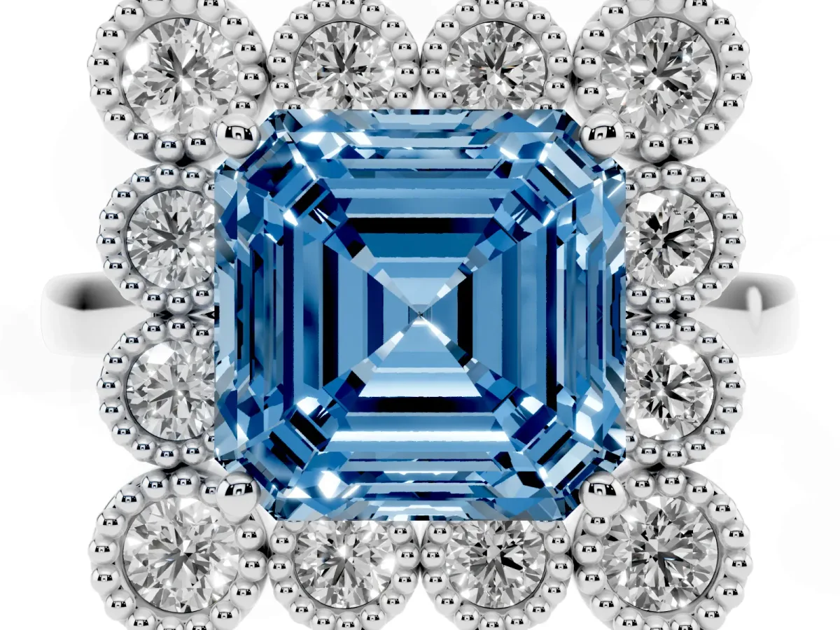 Fancy Blue Asscher Cut Halo Diamond Cluster Engagement Ring with Milgrain Bezel Setting and Solitaire Band Silver