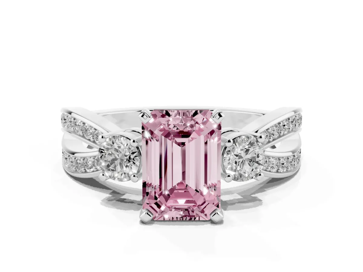 Fancy Pink Three-Stone Emerald Cut Cut Diamond Twist Band with Prong Setting Platinum