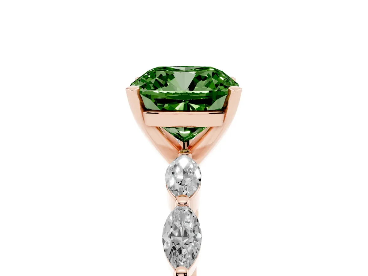 Fancy Green Cushion Cut Diamond Ring with Marquise Side Stones and Prong Setting Rose gold