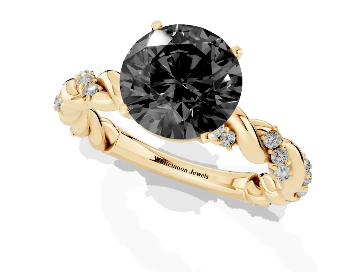Fancy Black Round Cut Diamond Solitaire Ring with Twisted Band and Pavé Accents Yellow gold