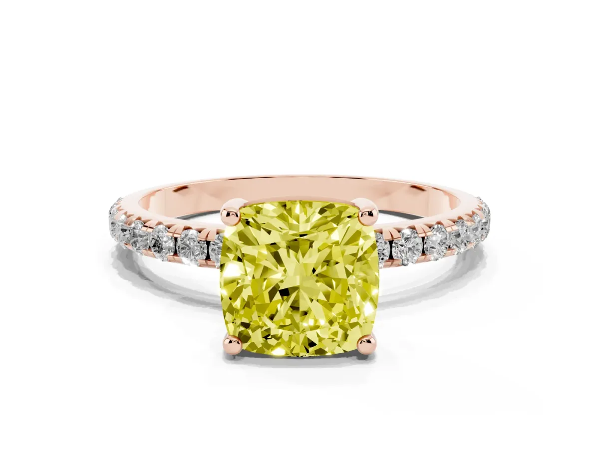 Fancy Yellow Cushion Cut Cut Diamond Solitaire Ring with Micro Pave Band and Four Prong Setting Rose gold