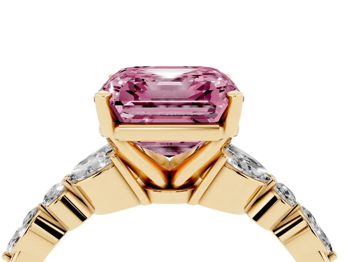 Fancy Pink Asscher Cut Diamond Solitaire Ring with Side Stones and Four-Prong Setting Yellow gold