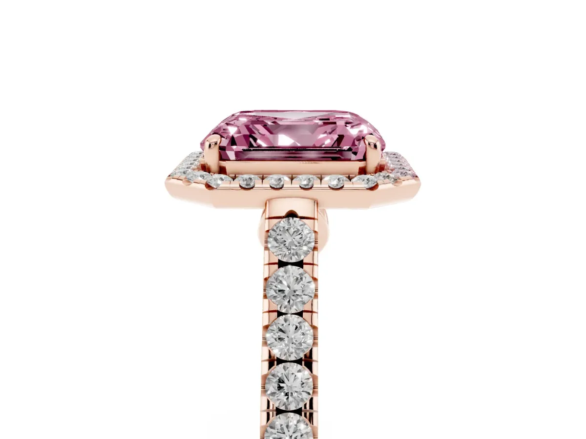 Fancy Pink Asscher Cut Halo Pave Diamond Engagement Ring with Four-Prong Setting Rose gold