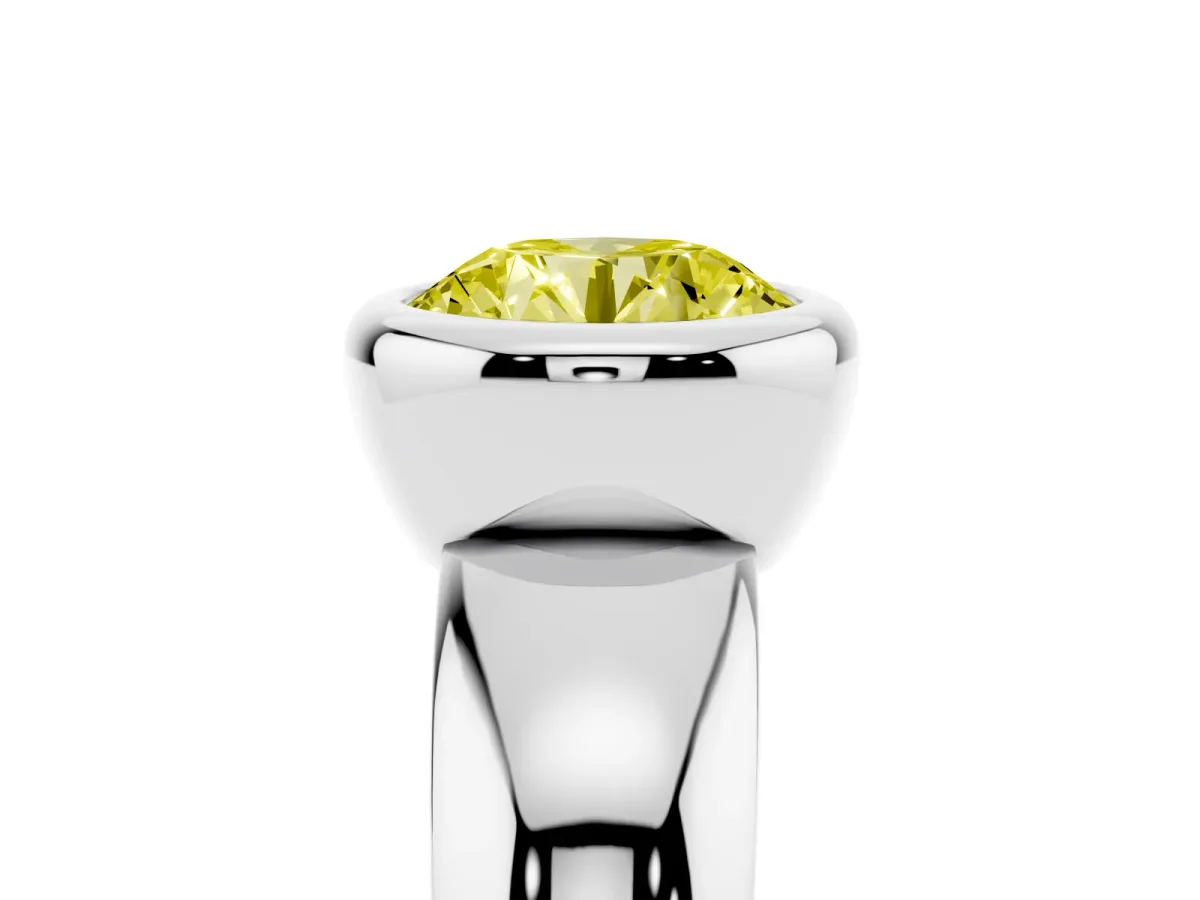 Fancy Yellow Bezel Set Round Cut Solitaire Ring with Wide Band Platinum