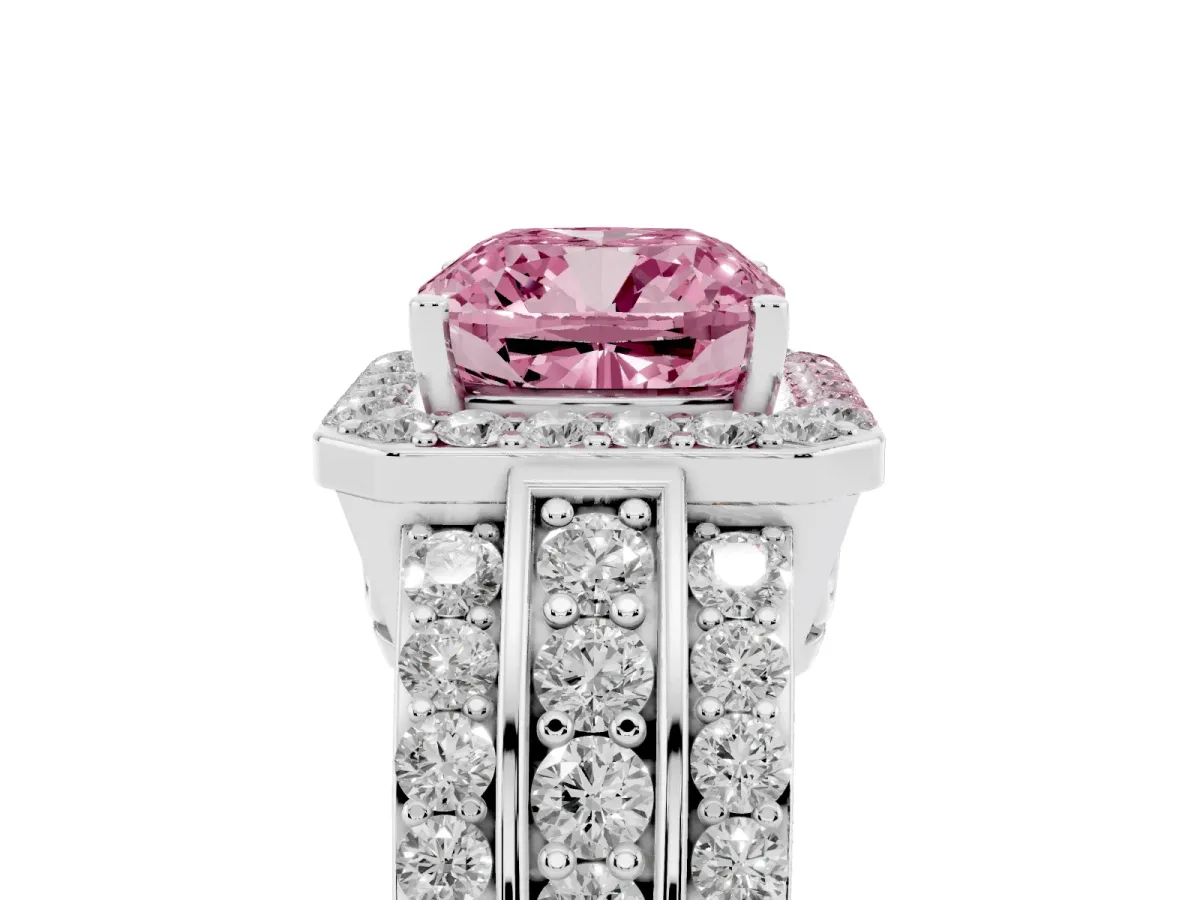Fancy Pink Cushion Cut Halo Diamond Ring with Round Split Shank and Prong Setting Platinum