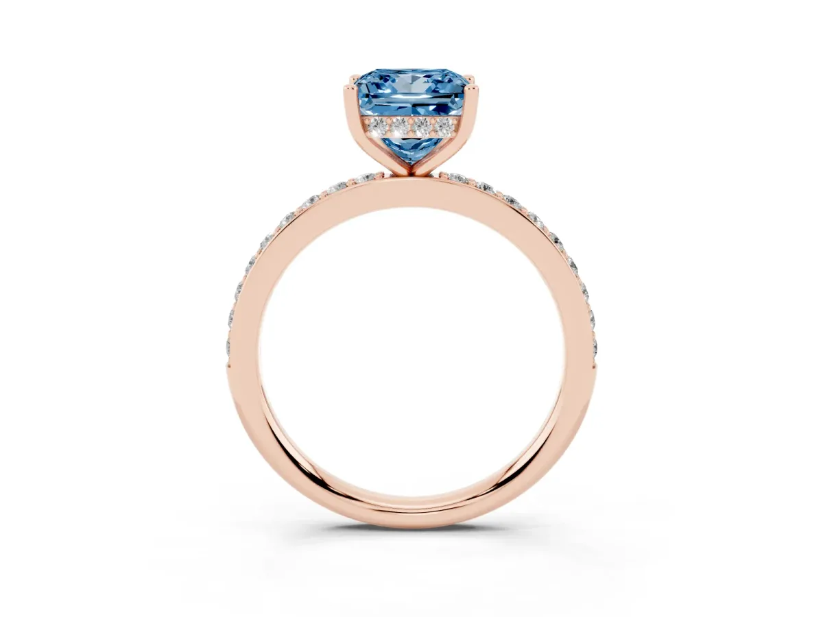 Fancy Blue Princess Cut Cut Diamond Pavé Band Ring with Four-Prong Setting Rose gold