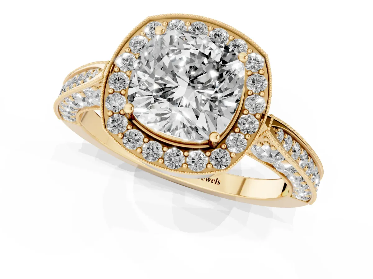 Cushion Cut Halo Diamond Engagement Ring with Split Shank Band and Four-Prong Setting Yellow gold