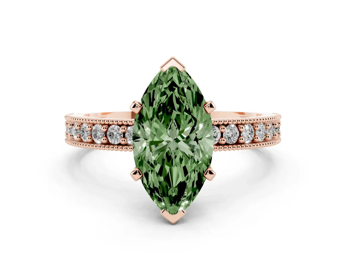 Fancy Green Marquise Cut Diamond Milgrain Pavé Engagement Ring with Four-Prong Setting Rose gold