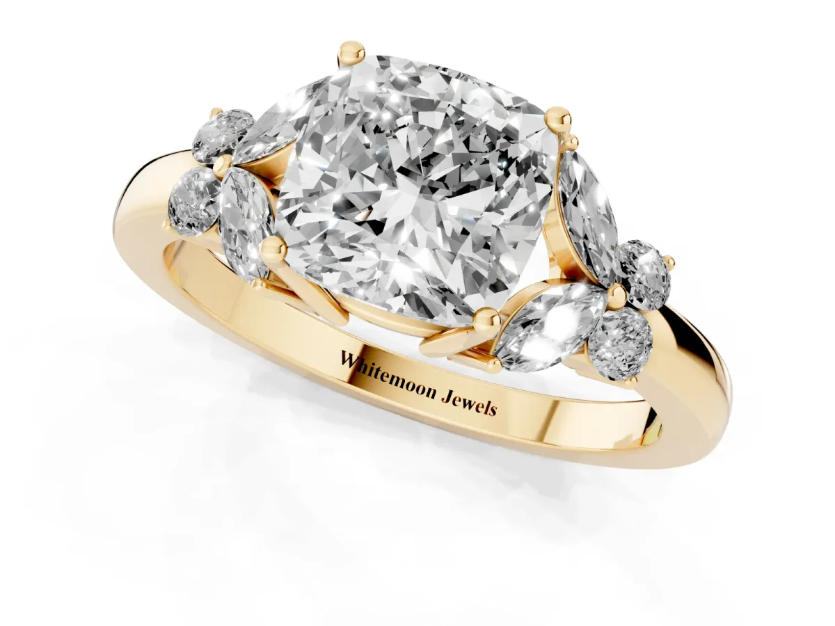 Cushion Cut Cut Solitaire Floral Diamond Ring with Four-Prong Setting Yellow gold