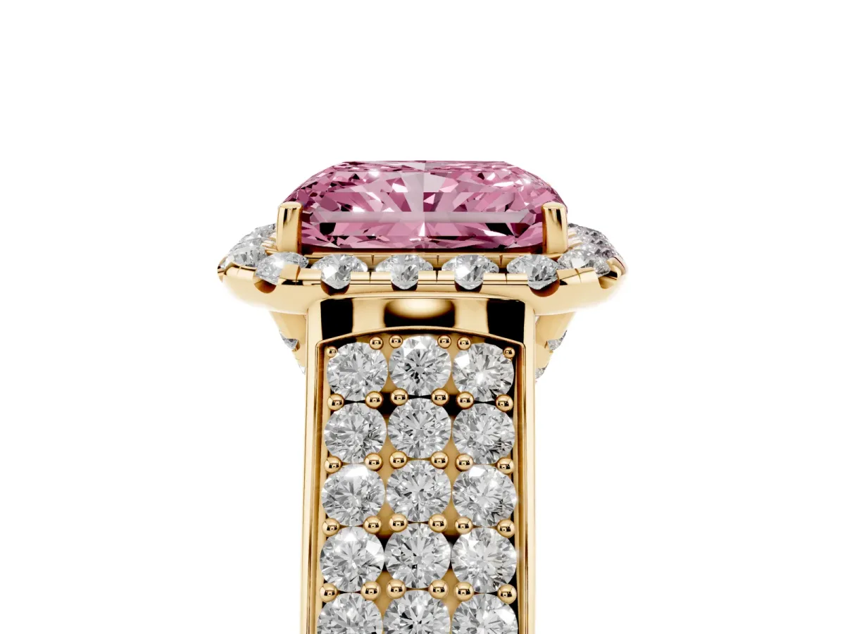 Fancy Pink Radiant Cut Halo Round Diamond Pave Band with Prong Setting Yellow gold