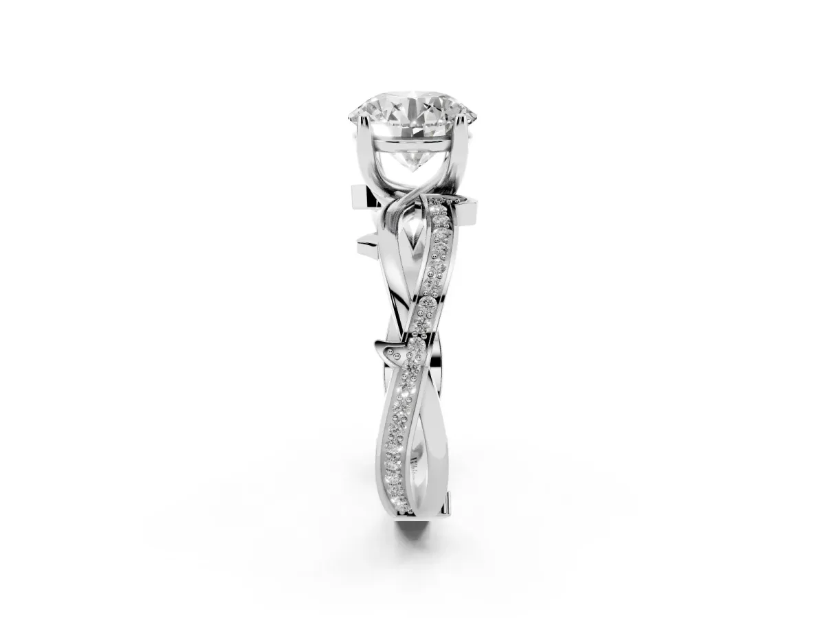 Round Cut Solitaire Twist Band with Pavé Accents and Four-Prong Setting Platinum