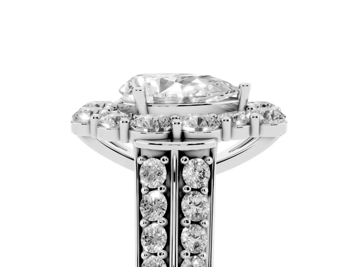 Pear Cut Halo Diamond Engagement Ring with Split Shank and Prong Setting Silver